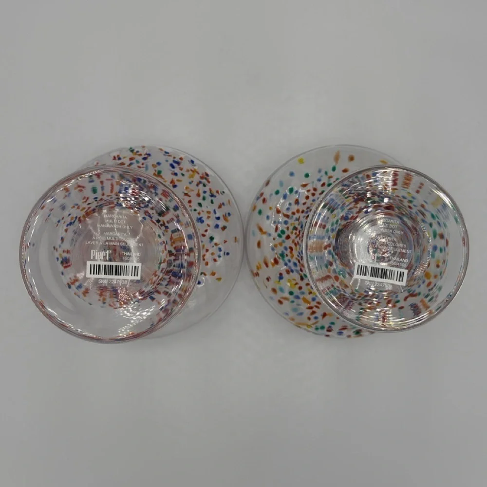 Pier 1 Hand Blown Multi Dot Margarita Glasses Set of 2 New Old Stock